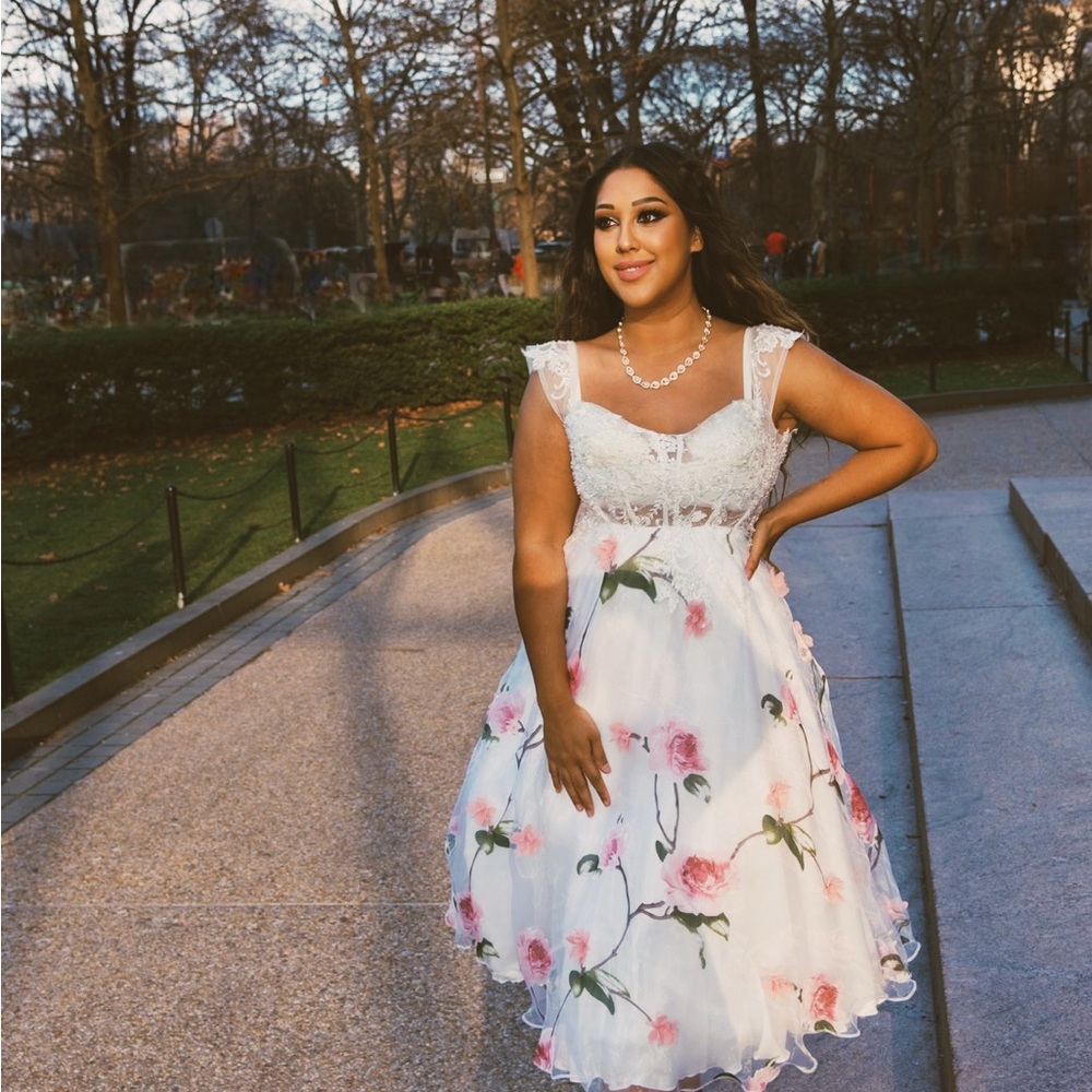 White Midi Sundress with Sweetheart Neckline floral with white shrug